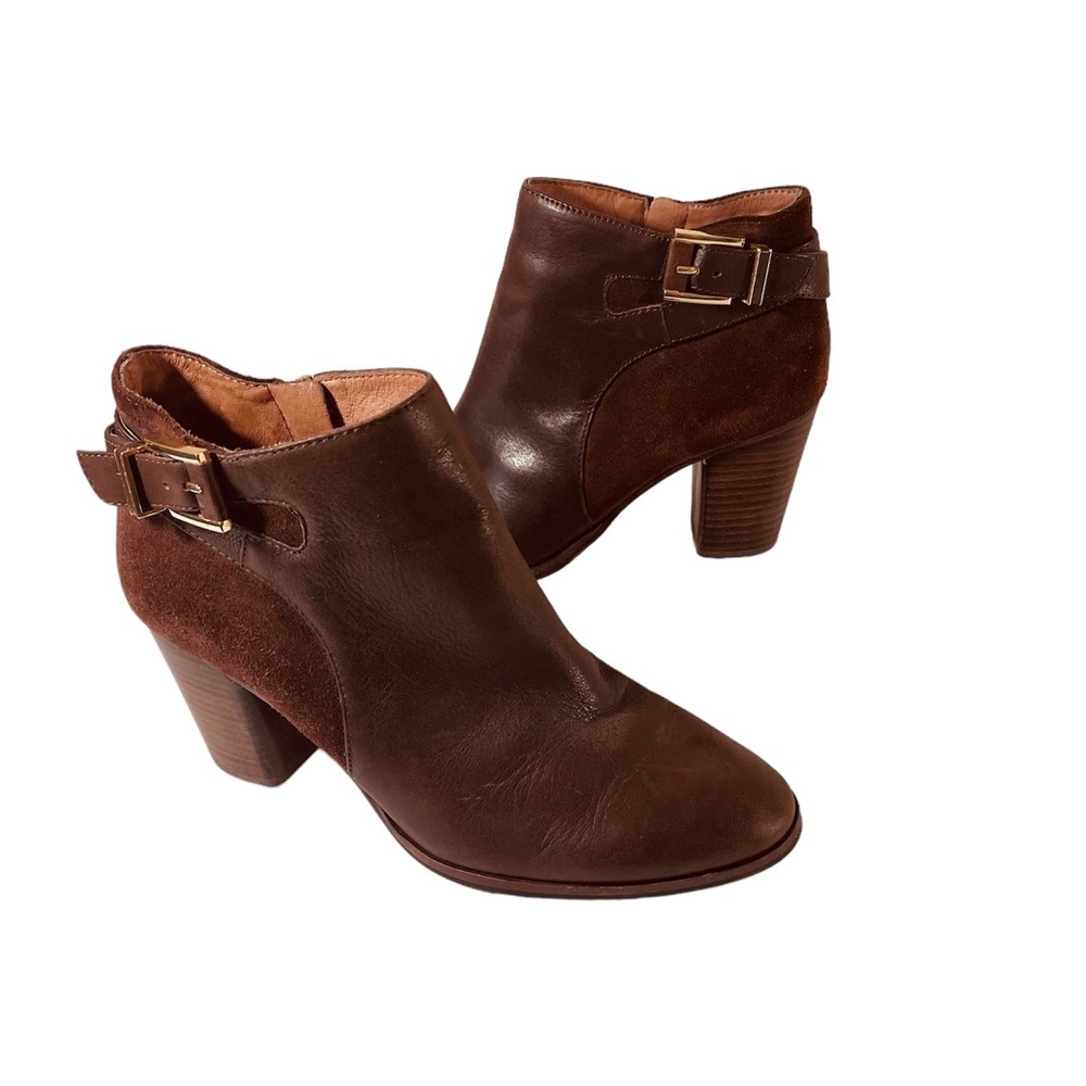 Louise et Cie “Vasca” Leather Suede Buckle Detail Block Heel Bootie Size 7M - Picture 3 of 13